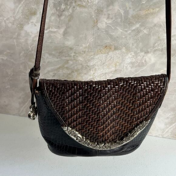 Brighton Crossbody Bag Woven Croc Embossed Brown Leather Metal Detail on Flap - Picture 12 of 16